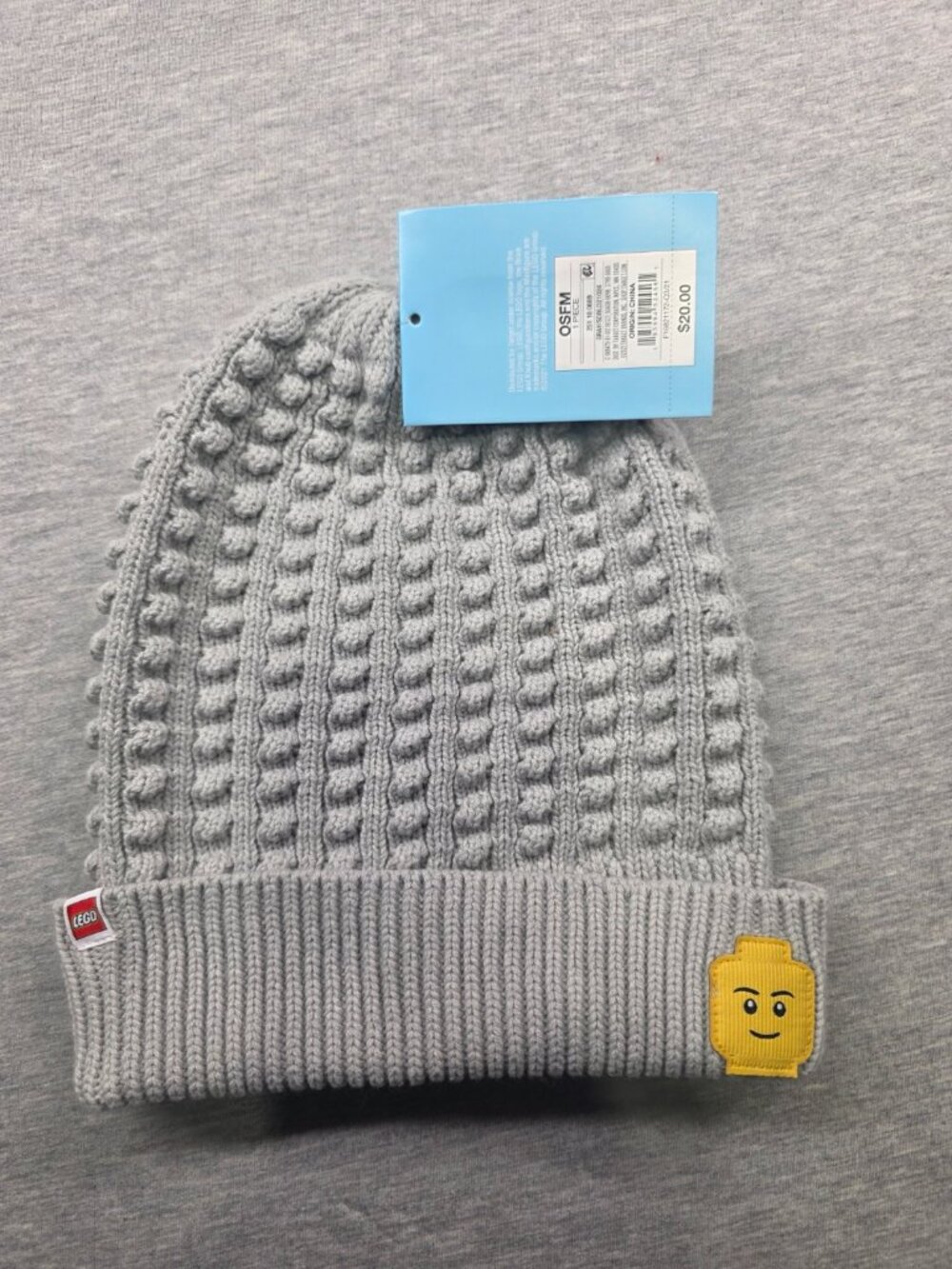NWT LEGO Gray Waffle Knit Beanie Hat Minifigure Patch Adult OSFM